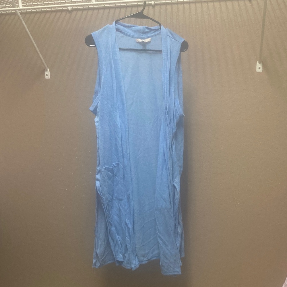 Woman Within Blue Sleeveless Cardigan